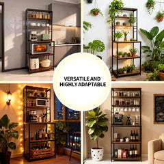 6-Tier Baker's Rack Free Standing Kitchen Storage Rack with Hooks and Adjustable Feet Utility Storage Shelf for Microwave Oven Spices Pot Pan Rustic Brown