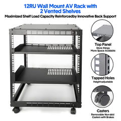Alston 12U Open Frame Server Rack with Vented Shelves Heavy Duty 4-Post AV/IT Network Rack Free Standing or Wall Mount with Lockable Casters
