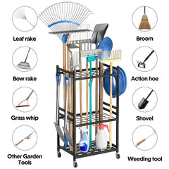 Heavy-Duty Garden Tool Organizer Rolling Tool Tower Rack with Wheels and 4 Hooks Metal Shelf Storing Shovels Rakes Brooms Tools for Yard Garage Workshop