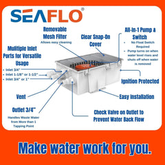 SEAFLO 750GPH Auto Sump Pump Built-In Check Valve | Dual Inlet Ports | Multi-Source Drainage | Float Switch | Shower Sink Drain Kit Marine RV
