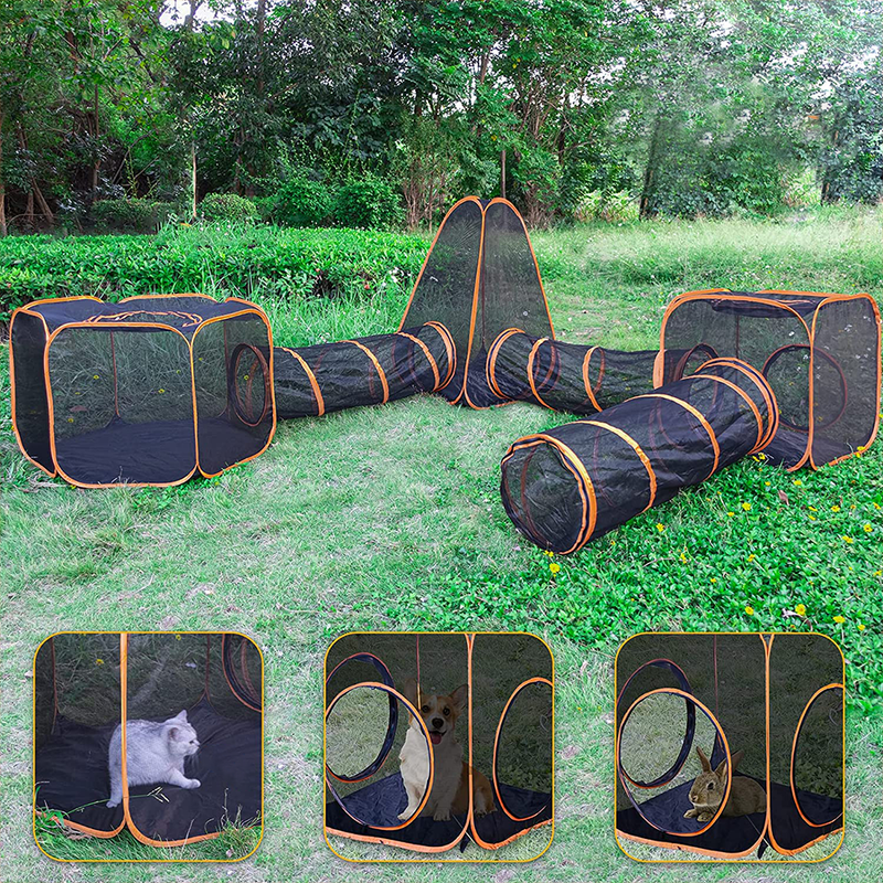 6 in1 Outdoor Portable Pet Cat Playpen Folding Pop Up Mesh  Play Tent Tunnel House Enclosures Portable with Storage Bag for Indoor and Outdoor