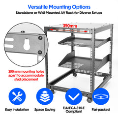 Alston 12U Open Frame Server Rack with Vented Shelves Heavy Duty 4-Post AV/IT Network Rack Free Standing or Wall Mount with Lockable Casters