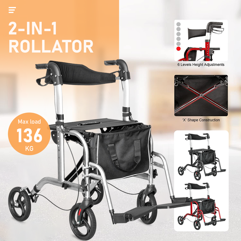 2-in-1 Wheelchair Walking Frame Rollator Mobility Walker Aid Wheels for Elderly Disability with Padded Seat,Adjustable Handle and Reversible Backrest