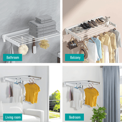 Alston Wall Mounted Drying Rack Clothes Airer Space Saver Folding Dryer Bearing Capacity 12KG Foldable Rail With Hooks Indoor Outdoor Balcony Laundry White