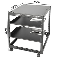 Alston 12U Open Frame Server Rack with Vented Shelves Heavy Duty 4-Post AV/IT Network Rack Free Standing or Wall Mount with Lockable Casters