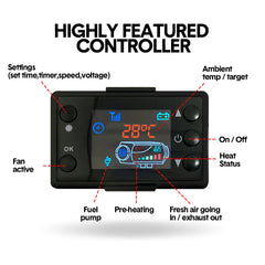 12V/8KW Car Diesel Heater Portable Tent Heater Fast Heating Thermostat 5m Power Cable 6 Level Adjustment for Car Truck Boat RV Campers Caravan Camping