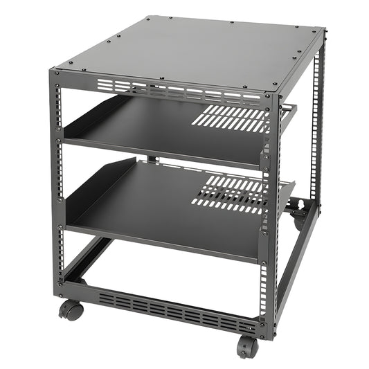 Alston 12U Open Frame Server Rack with Vented Shelves Heavy Duty 4-Post AV/IT Network Rack Free Standing or Wall Mount with Lockable Casters