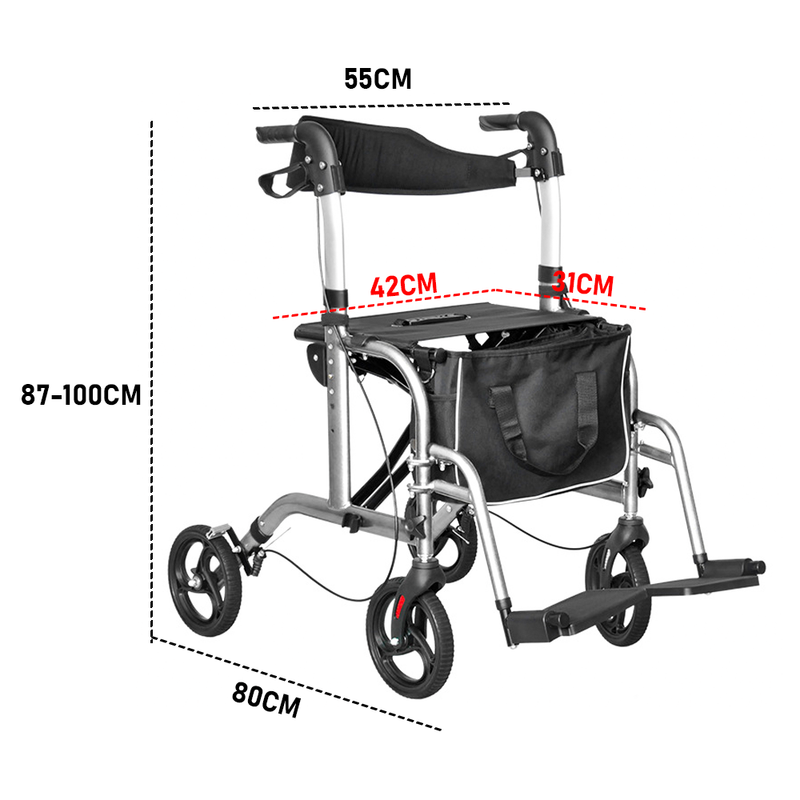 2-in-1 Wheelchair Walking Frame Rollator Mobility Walker Aid Wheels for Elderly Disability with Padded Seat,Adjustable Handle and Reversible Backrest