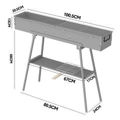 Portable Charcoal Grill Rectangular Folding Stainless Steel BBQ Grill L100xW18cm For Skewer and Kebabs with Storage Shelf Outdoor Camping Patio Cooking