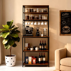 6-Tier Baker's Rack Free Standing Kitchen Storage Rack with Hooks and Adjustable Feet Utility Storage Shelf for Microwave Oven Spices Pot Pan Rustic Brown