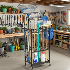Heavy-Duty Garden Tool Organizer Rolling Tool Tower Rack with Wheels and 4 Hooks Metal Shelf Storing Shovels Rakes Brooms Tools for Yard Garage Workshop