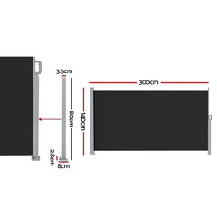 Instahut 1.4X3M Side Awning Retractable Privacy Screen Outdoor Sun Shade Black