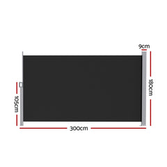 Instahut Side Awning Sun Shade Outdoor Retractable Privacy Screen 1.8X3M Black