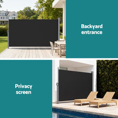Instahut Side Awning Sun Shade Outdoor Retractable Privacy Screen 1.8X3M Black