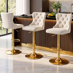 Artiss 3x Bar Stools Counter Chair Kitchen Adjustable Nailhead Trim Velvet Ivory