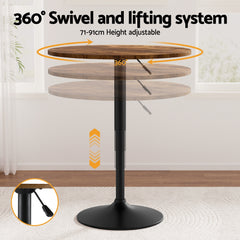 Artiss Height Adjustable Bar Table 360 Swivel Round Gaslift Design 60cm Rustic Brown Black