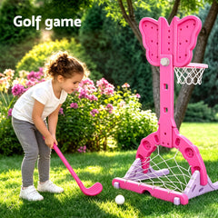 Keezi 3-in-1 Kids Basketball Hoop Soccer Goal Golf Game Set with Balls Pink