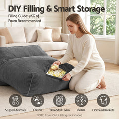 Artiss Bean Bag Chair Cover (No Filler) Soft Corduroy Stuffed Animal Storage Bean Bag Cover for Adults, Washable Lazy Sofa Cover for Living Room Bedroom, Grey