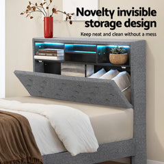 Artiss Bed Frame King Single Size LED Mattress Base Platform with Storage Shelf Hidden Storage Box Grey