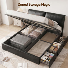 Artiss King Bed Frame Gas Lift Storage 3 Drawers Adjustable Headboard Platform Bed Black