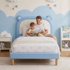 Artiss Kids King Single Bed Frame Upholstered Bear Headboard Waterproof Leather Boys Bed 180kg Capacity Blue and White