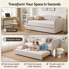 Artiss Single Daybed Velvet Trundle Bed Frame Tufted Guest Bed