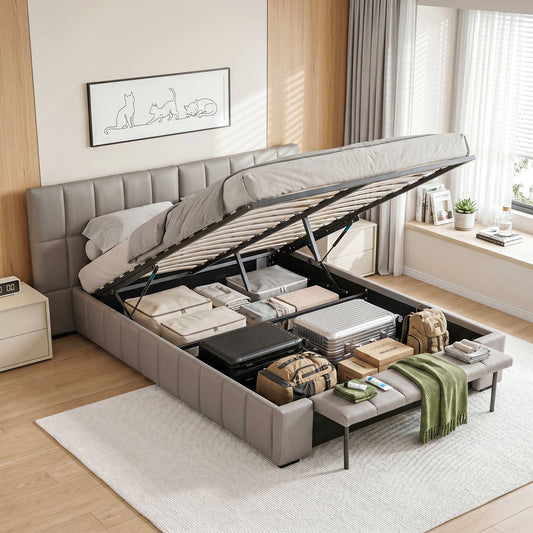 Artiss Queen Size Upholstered Gas Lift Bed Frame with Foldable Bench PVC Leather Platform Bed with Storage