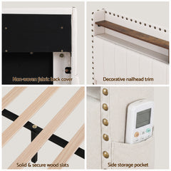 Artiss King Upholstered Bed Frame with Shelf Storage Drawers Charging Station Mood Lighting Linen