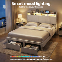 Artiss Queen Upholstered Bed Frame with Shelf Storage Drawers Charging Station Mood Lighting Linen