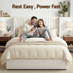 Artiss Queen Bed Frame with Gaslift Storage USB Type-C Charging Ports Velvet Upholstery White