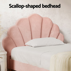 Artiss Bed Frame King Single Size Scallop-Shape Bedhead Beds Base Pink Velvet Fabric