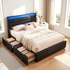 Artiss Bed Frame Double Size LED with 4 Drawers Black DUNN