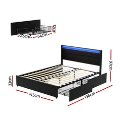 Artiss Bed Frame Double Size LED with 4 Drawers Black DUNN