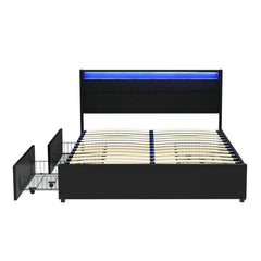 Artiss Bed Frame Double Size LED with 4 Drawers Black DUNN