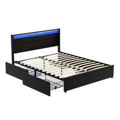 Artiss Bed Frame Double Size LED with 4 Drawers Black DUNN