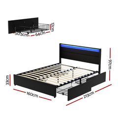 Artiss Bed Frame Queen Size LED with 4 Drawers Black DUNN