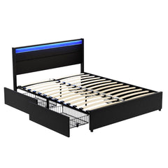 Artiss Bed Frame Queen Size LED with 4 Drawers Black DUNN