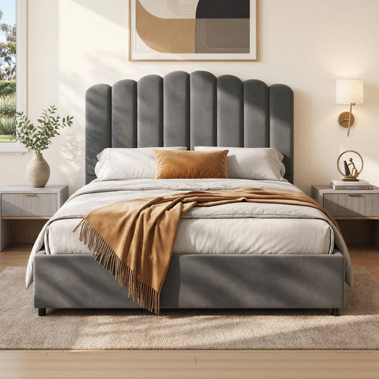 Artiss Bed Frame Double Size Velvet Grey FION