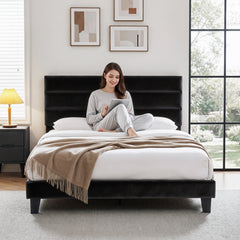 Artiss Queen Bed Frame Upholstered Platform Base with Geometric Headboard Black Velvet