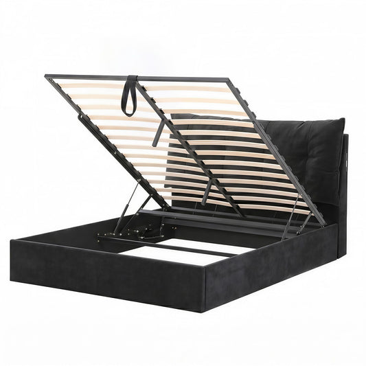 Artiss Queen Bed Frame with Horizontal Gas Lift Storage with LED Light USB Type-C Charging Station Black Velvet