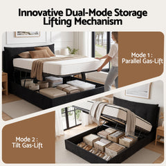 Artiss Queen Bed Frame with Horizontal Gas Lift Storage with LED Light USB Type-C Charging Station Black Velvet