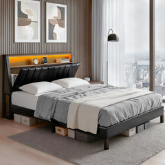 Artiss Queen Bed Frame LED Storage Headboard with Charging Station Black