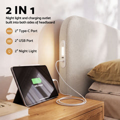 Artiss King Bed Frame with 100cm Bouclé Headboard, USB-C & Night Lights
