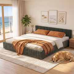 Artiss King Bed Frame Chenille Heavy Duty Platform Base Green 300kg Support No Box Spring Needed