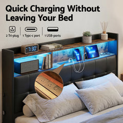 Artiss Queen Bed Frame with Gas Lift Storage LED Lights Charging Station Headboard with Open Shelf