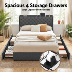 Artiss Double Bed Frame with 4 Storage Drawers and Charging Station Tufted Wingback Headboard 300kg Loads Charcoal Grey