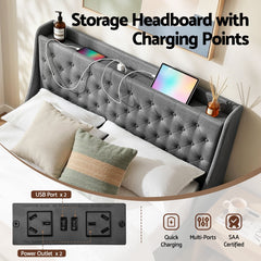 Artiss Double Bed Frame with 4 Storage Drawers and Charging Station Tufted Wingback Headboard 300kg Loads Charcoal Grey