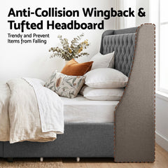 Artiss Double Bed Frame with 4 Storage Drawers and Charging Station Tufted Wingback Headboard 300kg Loads Charcoal Grey