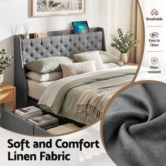 Artiss Double Bed Frame with 4 Storage Drawers and Charging Station Tufted Wingback Headboard 300kg Loads Charcoal Grey