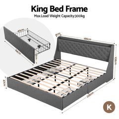 Artiss King Bed Frame with 4 Storage Drawers and Charging Station Tufted Wingback Headboard 300kg Loads Charcoal Grey